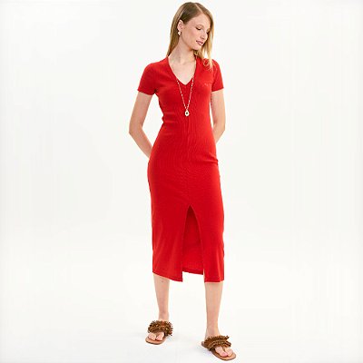 Vestido Canelado Colcci Midi Ve27 Vermelho Feminino