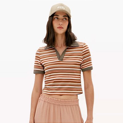 Blusa Easy Lança Perfume Gola Polo Crop Ve27 Marrom Feminino
