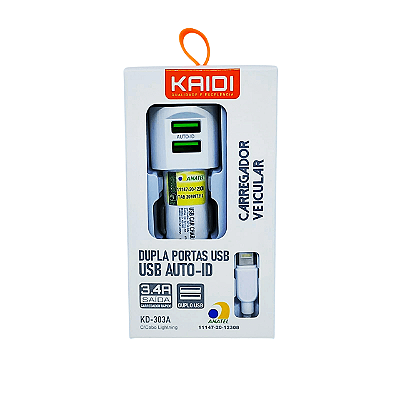 Carregador Automotivo para iPhone + Cabo USB Para lighting 2 Portas USB Kaidi 3.4A
