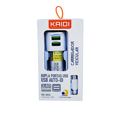 Carregador Celular Veicular 2 Portas USB + Cabo micro (V8) Kaidi 3.4A