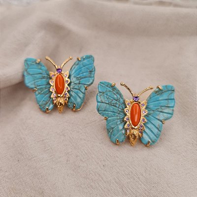 Brinco borboleta turquesa banho ouro