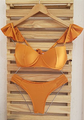 Top bojo fixo alças com babado + calcinha borboleta