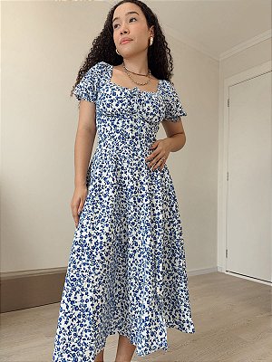 Vestido manga bufante acinturado com amarração Talita midi flores