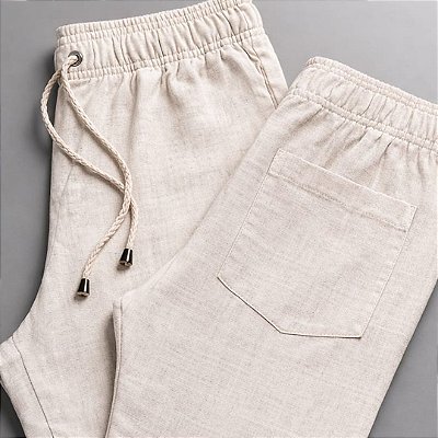 Calça Linho Natural Elegante Cadarço Regulador Cós Elástico