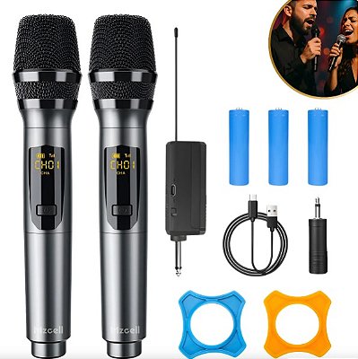 Kit 2 Microfones Sem Fio Cor Preto Profissional Recarregável Dinâmico Bluetooth Karaoke Igreja Show Palestra UHF (Com Receptor)