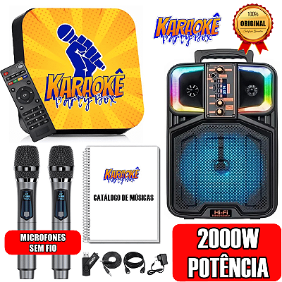 Karaoke Party Box Profissional +2 Microfones Sem Fio +Caixa De Som +2000 Músicas +Catálogo Impresso (Sistema Com Pontuação)