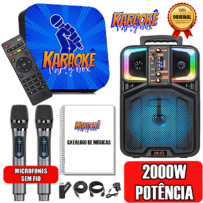 Karaoke Party Box Profissional +2 Microfones Sem Fio +Caixa De Som +2000 Músicas +Catálogo Impresso (Sistema Com Pontuação)