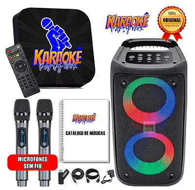 Karaoke Party Box Profissional Preto +2Microfones Sem Fio +CaixaDeSom +2000Músicas +Catálogo Impresso (Com Pontuação)