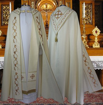 Conjunto de Benção Capa de Asperge + Véu Umeral + Estola Sacerdotal Rústico Bege CG 325