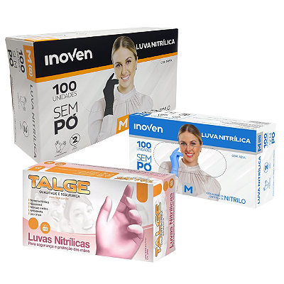 Luva Descartável Nitrílica Preta / Azul / Rosa Sem Pó 100 Unidades