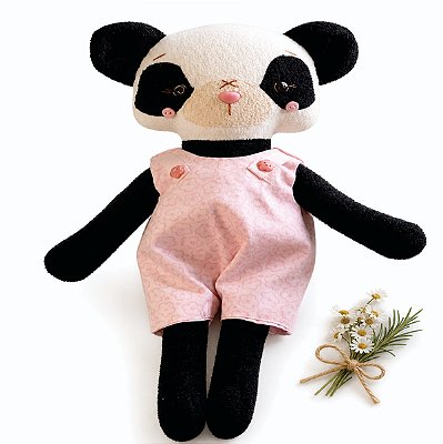 Urso Panda Boneca de Tecido Artesanal Roupinha Rosa
