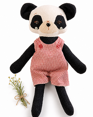 Urso Panda Boneco de Tecido Artesanal roupa vermelha