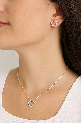 Conjunto prata micro zircônias coração vazado