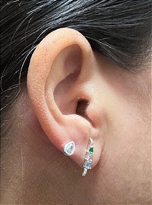 Brinco prata duplo zirconia colorida + gota zircônia cristal