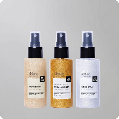 Kit de Iluminadores Corporais e Capilares Midnight Glow Hydro Spray, Starlight Glow Hydro Spray e Bronze Glow Body Luminizer Cream - 100ml cada