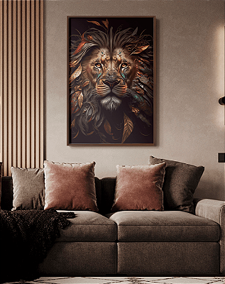Quadro Decorativo Leão com Folhas Secas na Juba