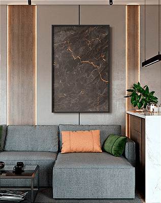 Quadro Decorativo Abstrato Mármore Preto Textura em Dourado
