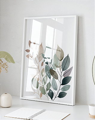 Quadro Decorativo Abstrato Folhas Estilo Aquarela em Paleta Neutra Suave