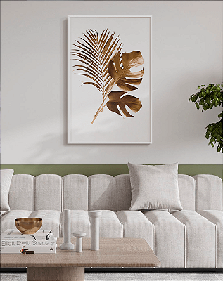 Quadro Decorativo Folhas Douradas Costela de Adão e Palmeira Floral
