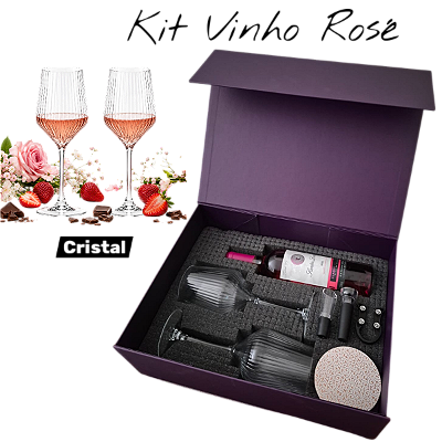 Kit Vinho Rosé com 2 Taças de Cristal e Acessórios Caixa Presente Elegante