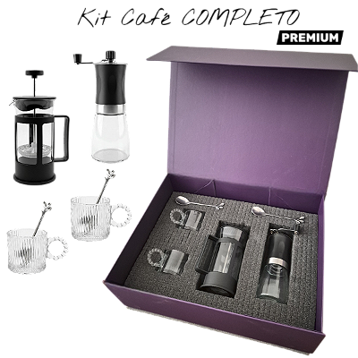 Kit Café 2 Xícaras de Vidro Cafeiteira Francesa Moedor Manual Colheres Caixa Presente