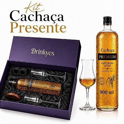 kit Cachaça com 2 Taças Alambique Cristal + Flocos de Ouro