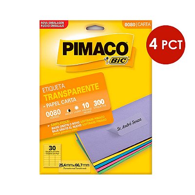 Etiqueta Pimaco InkJet+Laser Transparente Carta 0080 C/4 PCT