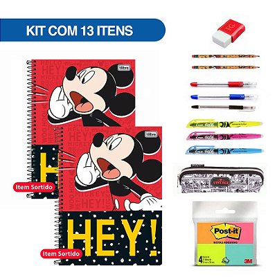 Kit Material Escolar + Caderno Universitário 1 Matéria Mickey 96 FL - 13 Itens