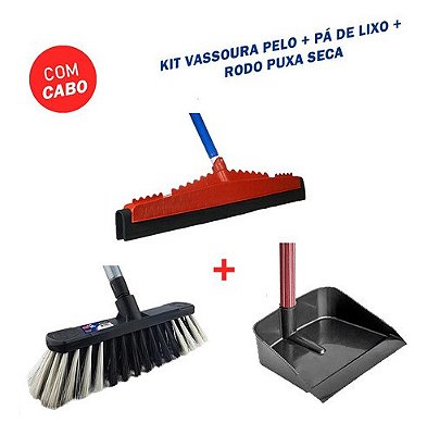 Kit Vassoura de Pelo 30cm + Rodo Puxa Seca 30cm + Pá de Lixo Cabo Longo