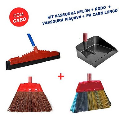 Kit Vassoura Piaçava + Vassoura Nylon + Pá de Lixo Cabo Longo + Rodo Puxa Seca 30cm