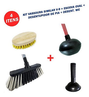 Kit Vassoura 30cm Pelo Similar V-9 + Escova Oval Madeira + Desentupidor de Pia + Desentupidor para Banheiro