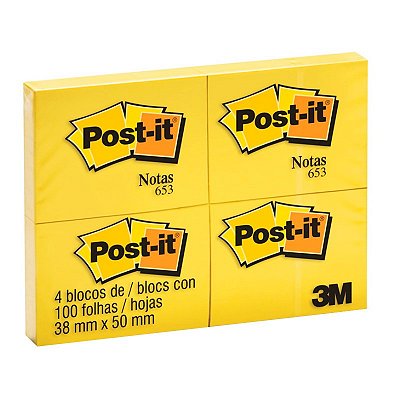 Bloco Adesivo Post-it 3M 653 38x50mm Amarelo PCT C/4 UN