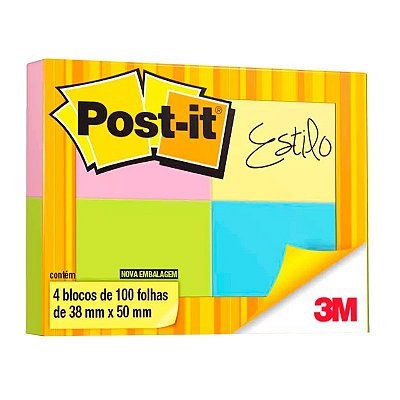 Bloco Adesivo Post-it 3M 653 38X50mm Neon 4 Cores