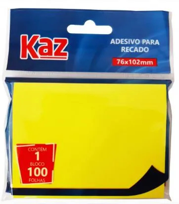 Bloco Adesivo Kaz 76x102mm Amarelo KZ2002 C/100 FLS