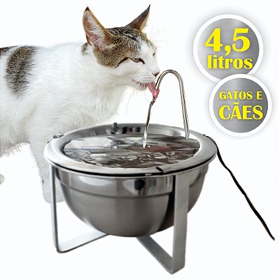 Bebedouro Fonte Inox 4,5 Litros com Suporte + Filtro de Carvão Ativado (BiVolt) para Gatos e Cães - Gato é Vida®