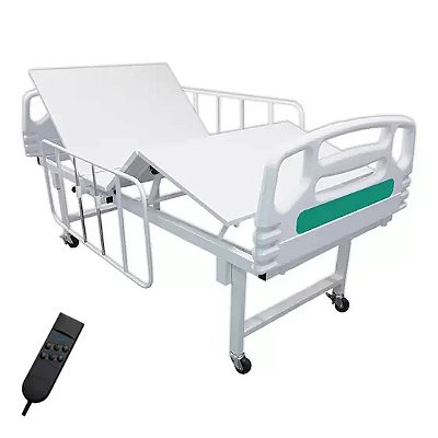 Cama hospitalar motorizada com grades laterais retangulares em aço e sistema deslizante - Marca Hospitalar