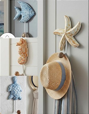 Gancho Pendurador Cabideiro Náutico Porta Toalha Cabide em Madeira Artesanal Animais Marinhos