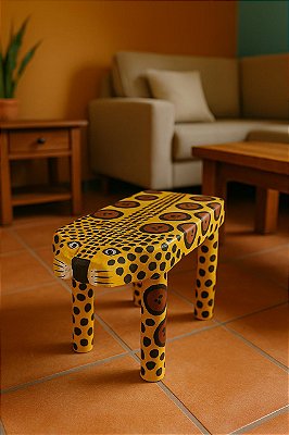 Banco Banquinho De Onça Artesanal Decorativo Em Madeira Safari Contemporâneo