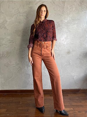 Calça Pregas Cinto terra cota