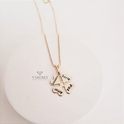 Colar com pingente de trevo de quatro folhas com Sorte, Amor, Sucesso e Paz banhado em ouro 18k