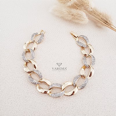 Pulseira Varoma Requinte Sophia com elos lisos e elos cravejados banhada em ouro 18k