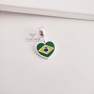 Pingente de coração Brasil com resina colorida em prata 925
