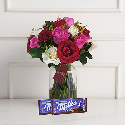 Chamego Três Cores - 24 Rosas com Milka
