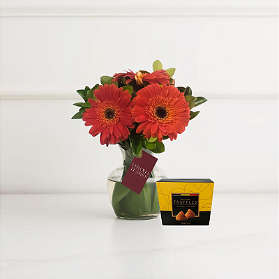 Sutileza de Gerberas Laranjas e Bombons Truffles