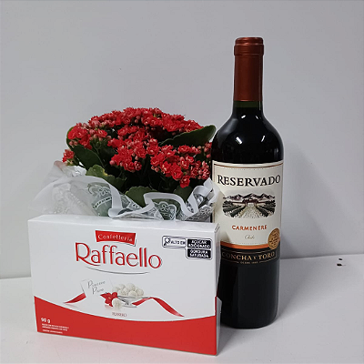 Vaso Kalanchoe Vermelha com Raffaello e Vinho