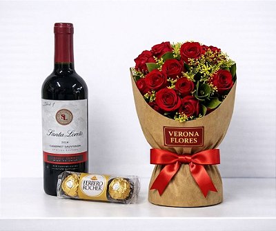 Combo Romance Clássico em Rosas e Vinho