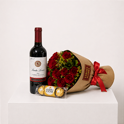 Combo Romance Clássico em Rosas e Vinho