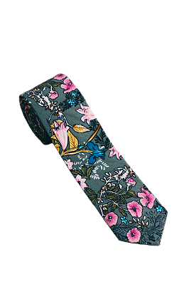 Gravata Tradicional Masculina Adulta - Verde Com Floral Em Tons De Rosa