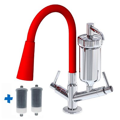Torneira Gourmet Com Filtro Cozinha de bancada Vermelha + 2 Refis Luxo - 2168 C72coneverm2refil