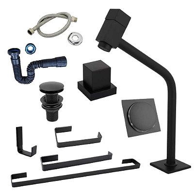 Kit Completo para Banheiro 7 Peças Quadrado Preto Fosco com torneira | Modernidade e Sofisticação - KITBLACK7PÇS
